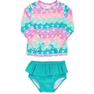 RuffleButts Long Sleeve Rashguard 2 Piece Swimsuit Mermaid Print Size 3T